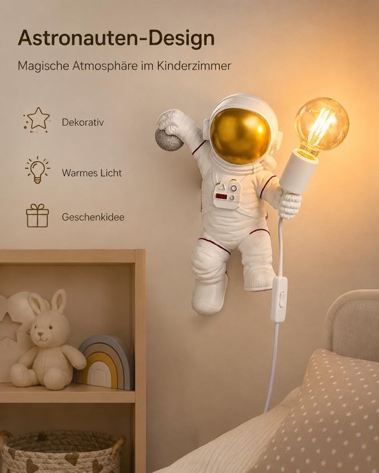 Kinder Wandlamp - Nachtlampje Astronaut - Kinderslaapkamer Verlichten - Met Stekker en Snoer - 32 cm Hoog - Wit — afbeelding 3