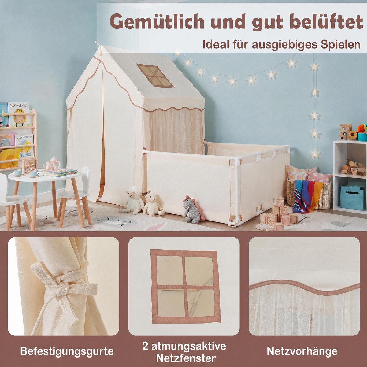 COSTWAY 2-in-1 kindertent met looprek, kinderspeelhuis voor binnen met mat & lichtketting, grote kinderspeeltent, speelgebied 177 x 97 x 136 cm, tent kinderkamer voor jongens en meisjes (beige) — cadeau in Spellen & Speelgoed - foto 6
