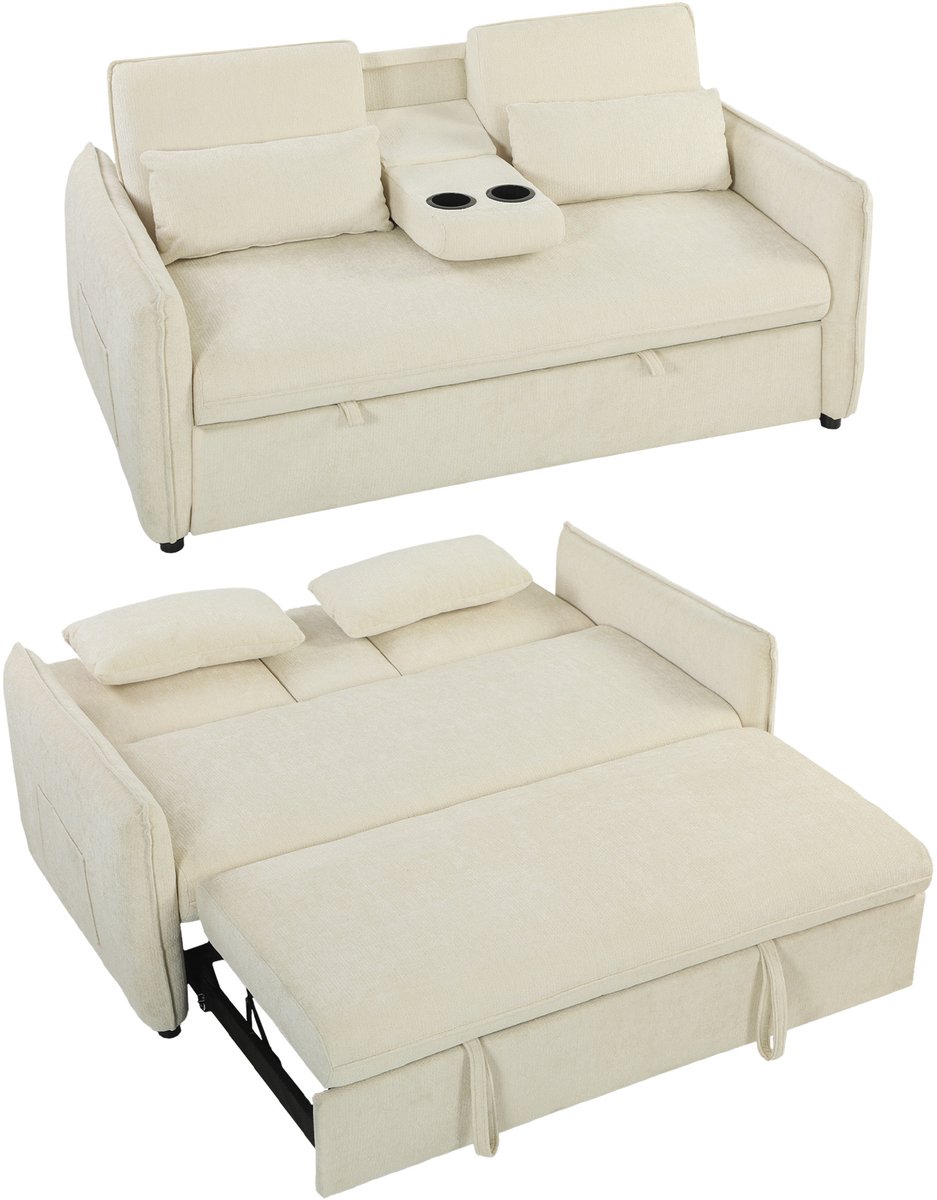 Homcom Slaapbank 3-in-1 met Verstelbare Rugleuning en Bekerhouders - Logeerbed - Zitbank - Beige