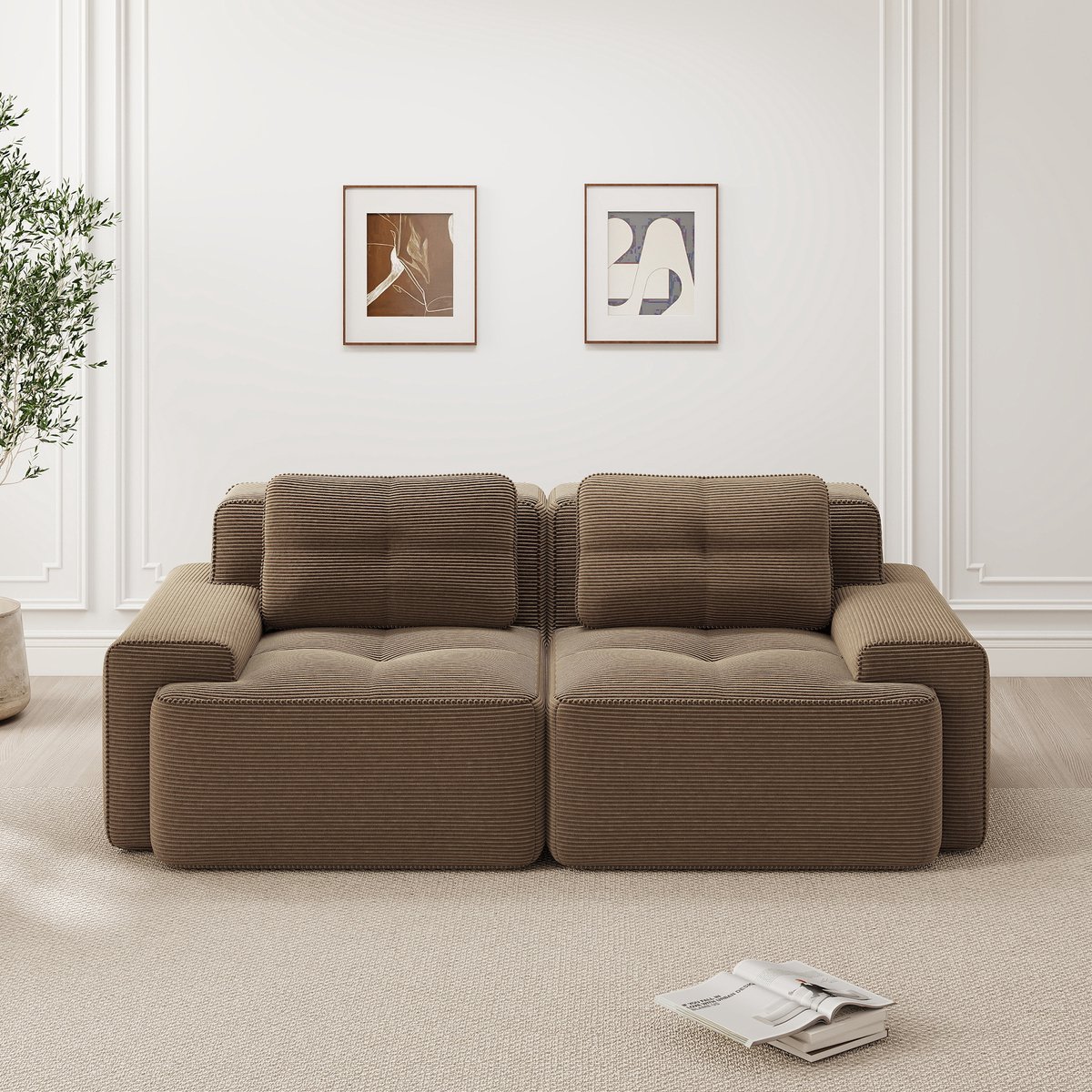 Moderne woonkamerbank - diepe zit - corduroy wolkenbank - tweezitsbank - slaapbank - bruin