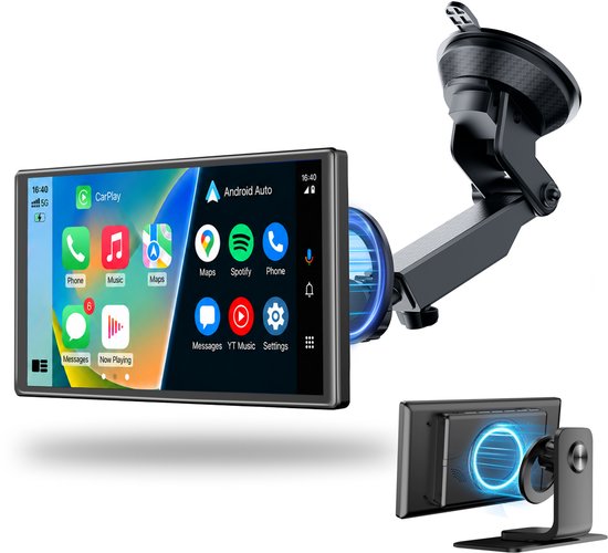 7-inch CarPlay-scherm met apps en navigatie, bevestigd aan een verstelbare zuignaphouder. Achtergronddetail van magnetische houder.