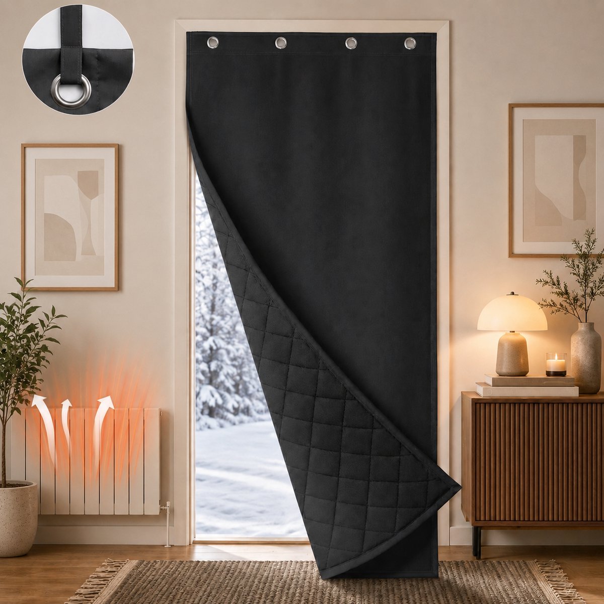 MUPOO Verduisterend Deurgordijn Isolerend Met Oogjes 420gsm Quilted- Thermisch Tochtgordijn Voordeur - Geluidswerend & Ophangsysteem (Zonder Boren) - Grijs - 82x204 cm Grijs-1 stuck