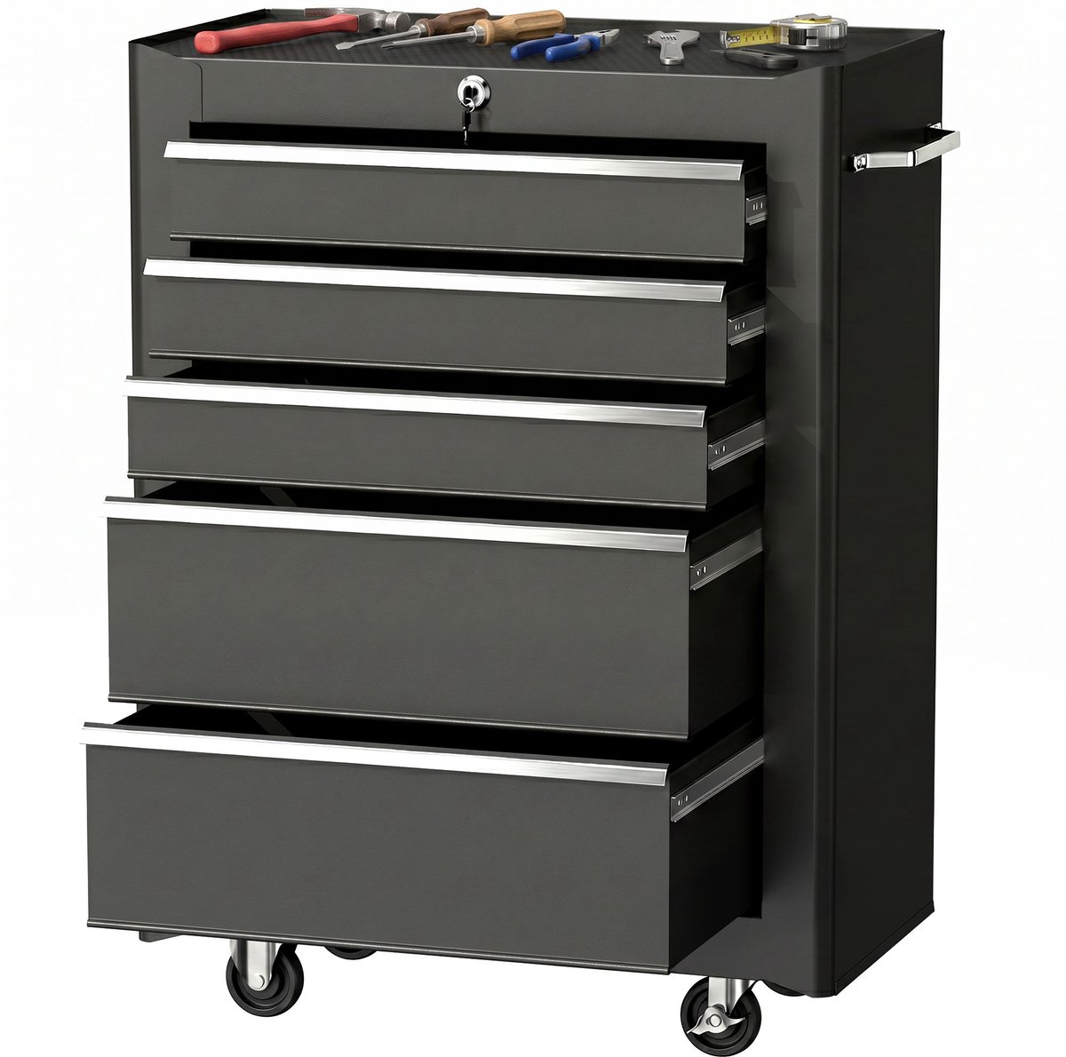 Gereedschapswagen op wielen - stalen werkplaatswagen met 5 afsluitbare laden en 2 sleutels - 61 - 5 x 33 x 82 - 5 cm - zwart