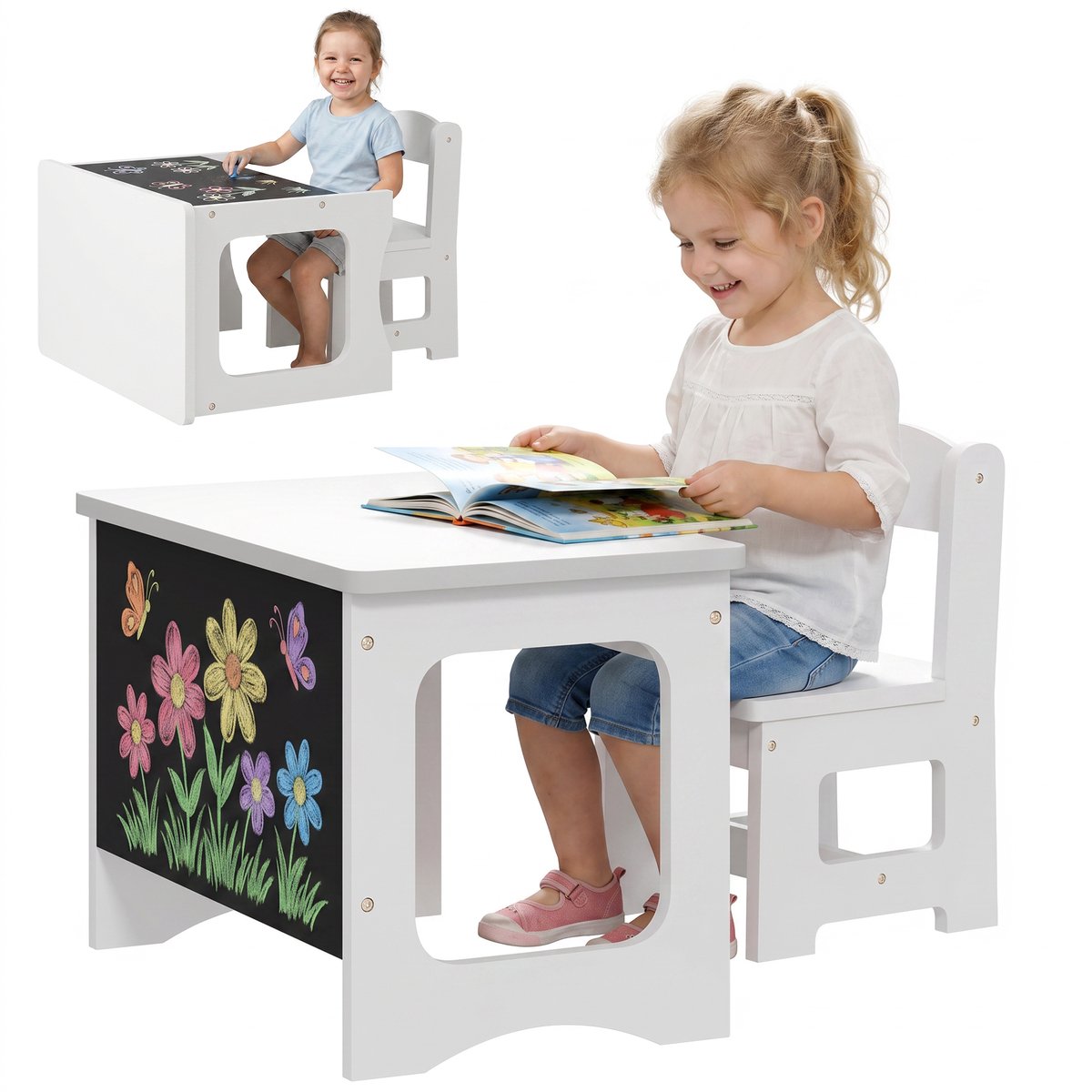 Kinderbureau en - stoel met omkeerbaar schoolbordblad - 3 - 6 jaar - wit