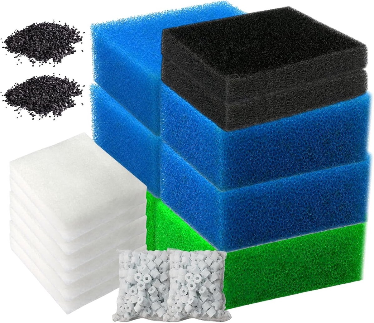 Filtermedia Set voor Aquariums - 6 Sponsen (2 Fijn, 2 Grof, 2 Groen), 6 Filterwol, 2 Actieve Kool Sponsen, 2 Tassen Actieve Kool, 2 Keramische Ringen voor Optimale Waterkwaliteit en Filtratie