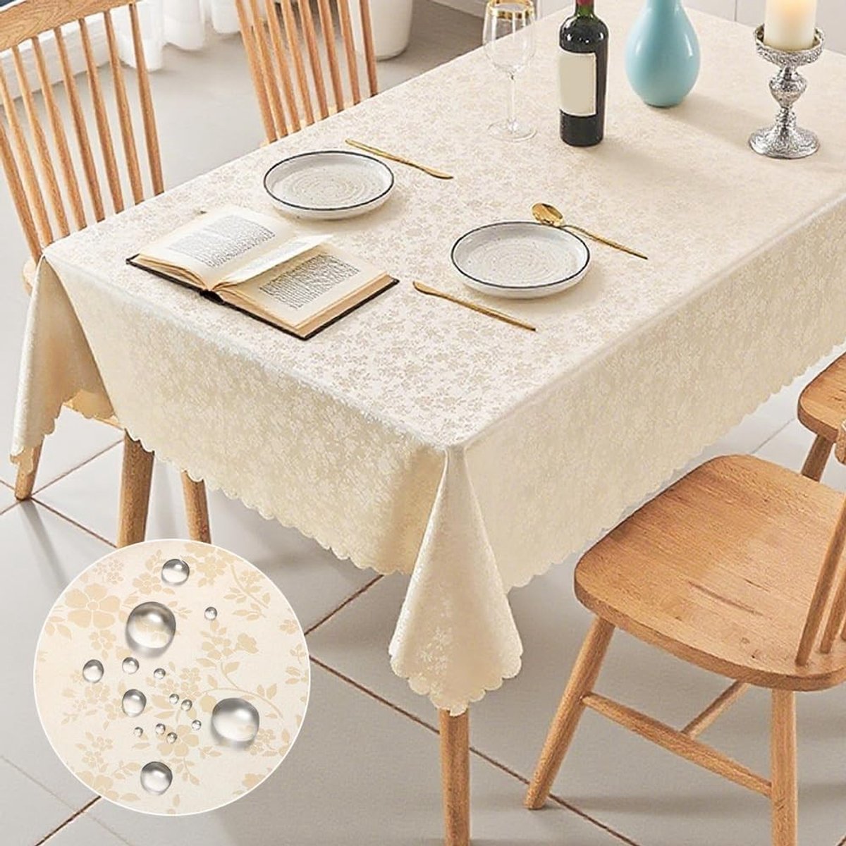 Wasbare oliecloth tafelkleed 140 x 180 cm - Beige rechthoekig tafelzeil voor buiten, waterdicht en vlekbestendig voor tuin en balkonfeestjes