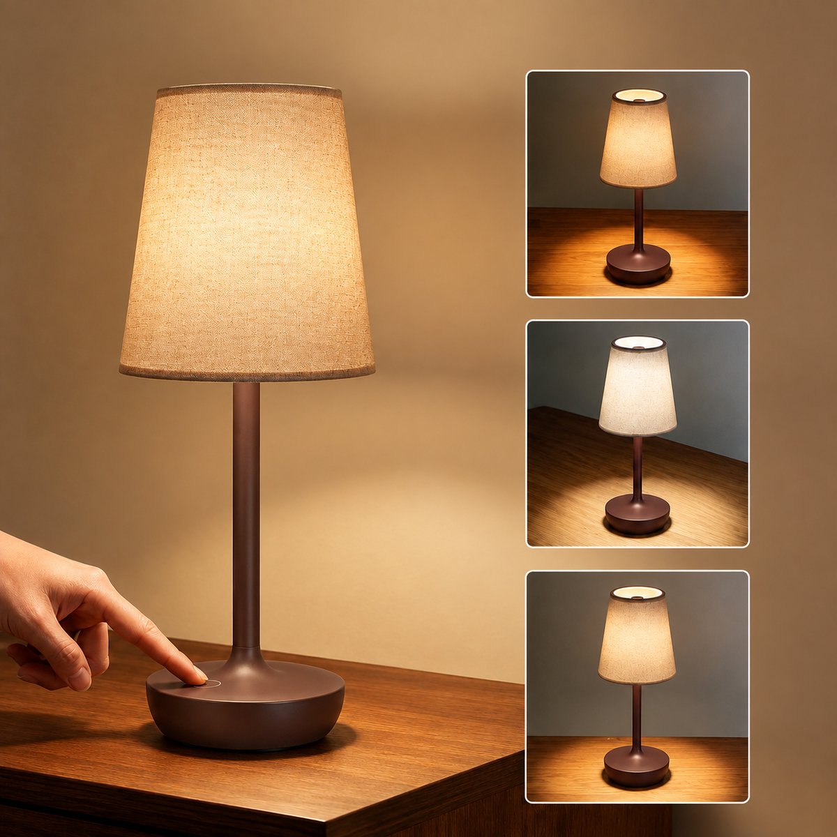 CreateEcom lamp - nachtlampje - tafellamp - Oplaadbare LED Tafellampen - Klassieke Lamp 3 Kleuren - Dimbaar USB - Stoffen Lampenkap