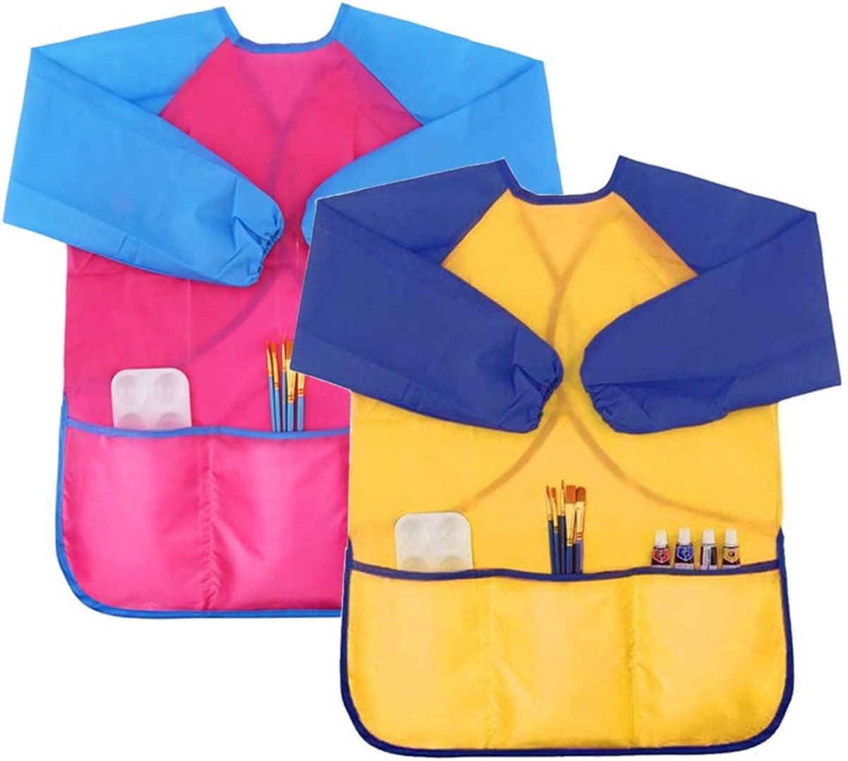 2 Stuks Verfschort - Voor 4-7 jaar - Kliederschort Met 3 Zakken - Kliederschort Kinderen - Schilderschort - Knutselschort - Waterdicht Schort - Kinderverfschort - Waterdicht - Schilderschort kinderen - Voor Schilderen & Koken - 58x43 cm - TENGYIF®