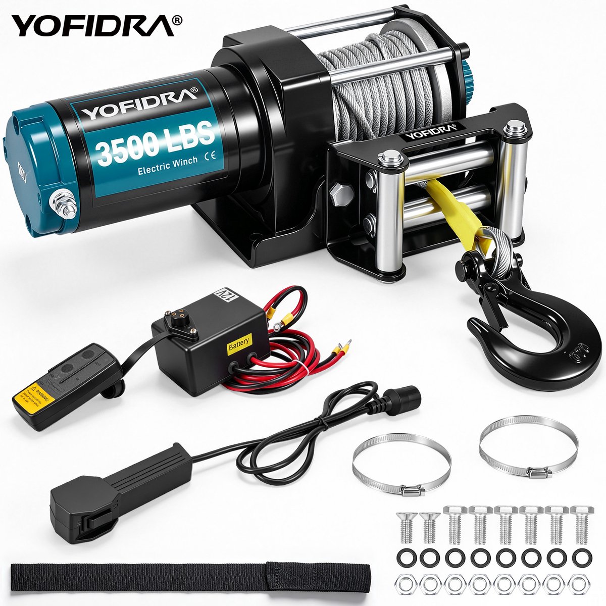 Yofidra Elektrische Lier - Elektrische Schootlier - 12V DC - 1590 kg Trekkracht - met Afstandsbedieningen - Takel - Handlier - kabellift - kettingtakel