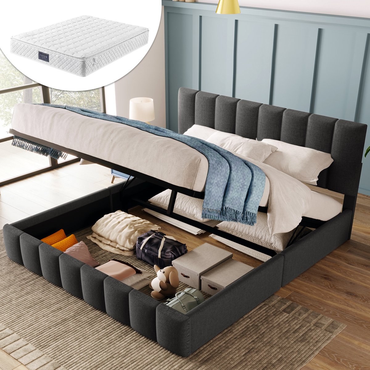Clruro Opbergbed - 140x200 cm - Hydraulisch met Matras - Verstelbaar Hoofdbord - Linnen - Grijs
