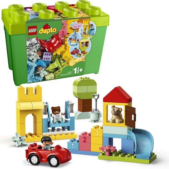 Boîte de rangement Duplo verte, avec blocs, voiture rouge, toboggan, tour et arbre.