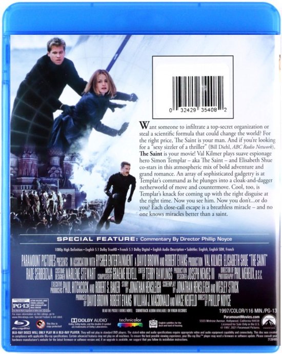 Achterkant Blu-ray hoes van The Saint met Val Kilmer en Elisabeth Shue in actie, en een beschrijving van de film.