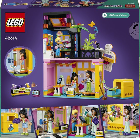 Magasin de vêtements vintage LEGO Friends avec figurines et accessoires.