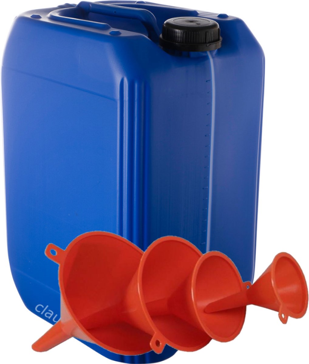 Jerrycan 20 Liter blauw met zichtstreep | met 4-delige trechterset | geschikt voor water | UN gekeurd | benzine | handig stapelbaar | food grade | inclusief dop | totaal te legen | noodpakket