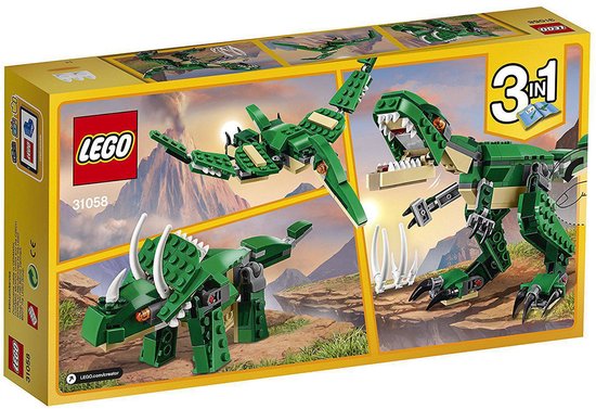 Doos LEGO Creator 3-in-1 met groene dinosaurus, vliegende dinosaurus en Triceratops.