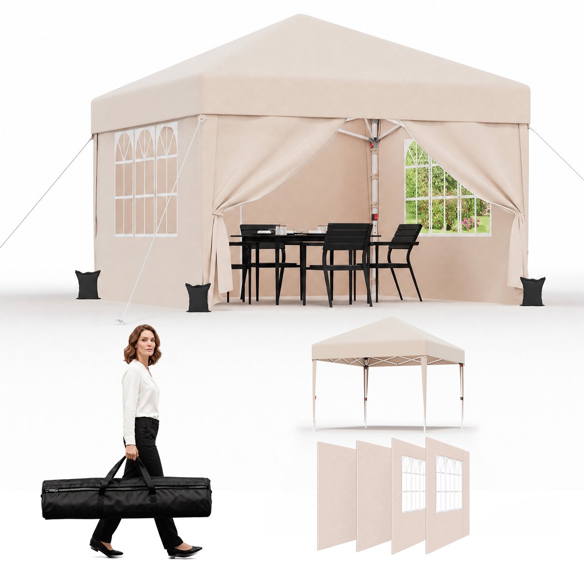 Partytent-Opvouwbaar Tuinpaviljoen 3x3 m met Zijwanden–30 seconden pop-up opzet-Waterdicht & UV-bestendig–opbergtas–Beige