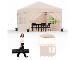Partytent-Opvouwbaar Tuinpaviljoen 3x3 m met Zijwanden–30 seconden pop-up opzet-Waterdicht & UV-bestendig–opbergtas–Beige