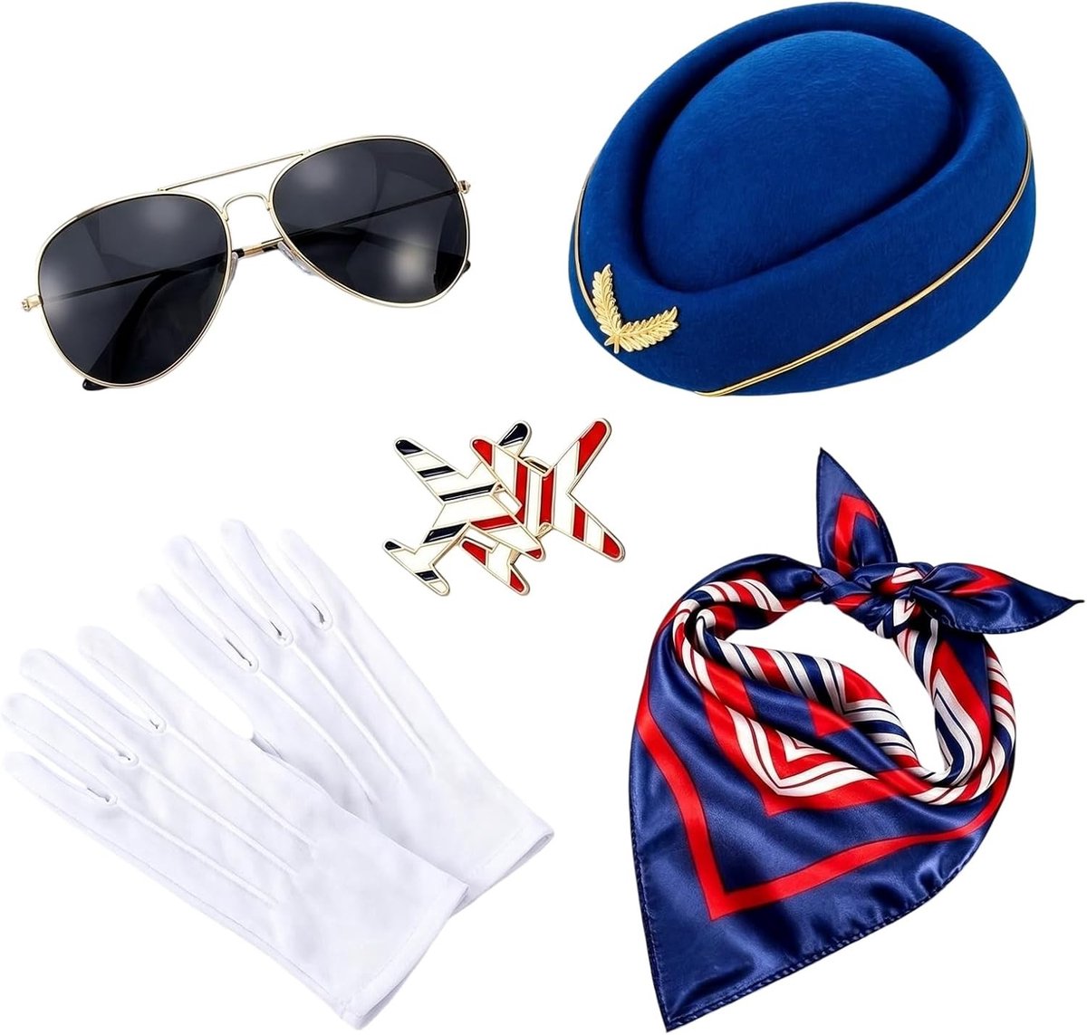 Vijfdelige kostuumaccessoireset voor stewardess met hoed, zonnebril, sjaal, handschoenen en broches in rood
