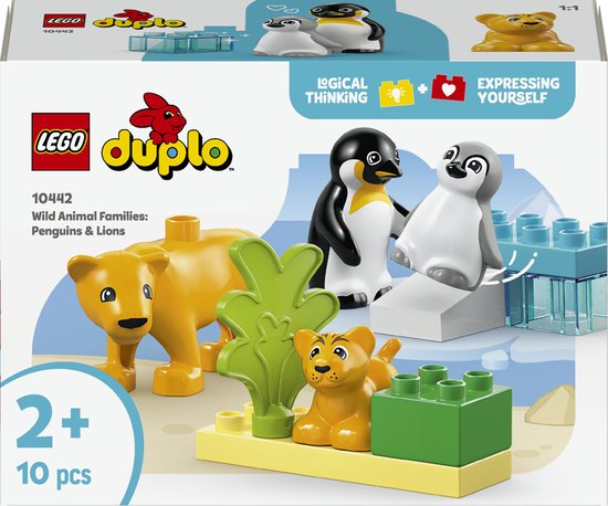 LEGO Duplo doos 'Families van wilde dieren: Pinguïns & Leeuwen' met pinguïns en leeuwenfiguren.