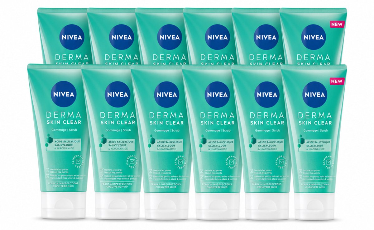 12 x NIVEA - Gezichtsscrub - DERMA Huidzuiver - Voor onzuivere huid - Met Salicylzuur (AHA) & Niacinamide - Tegen Acne & Mee-eters - 150 ml - Voordeelverpakking - 12 stuks