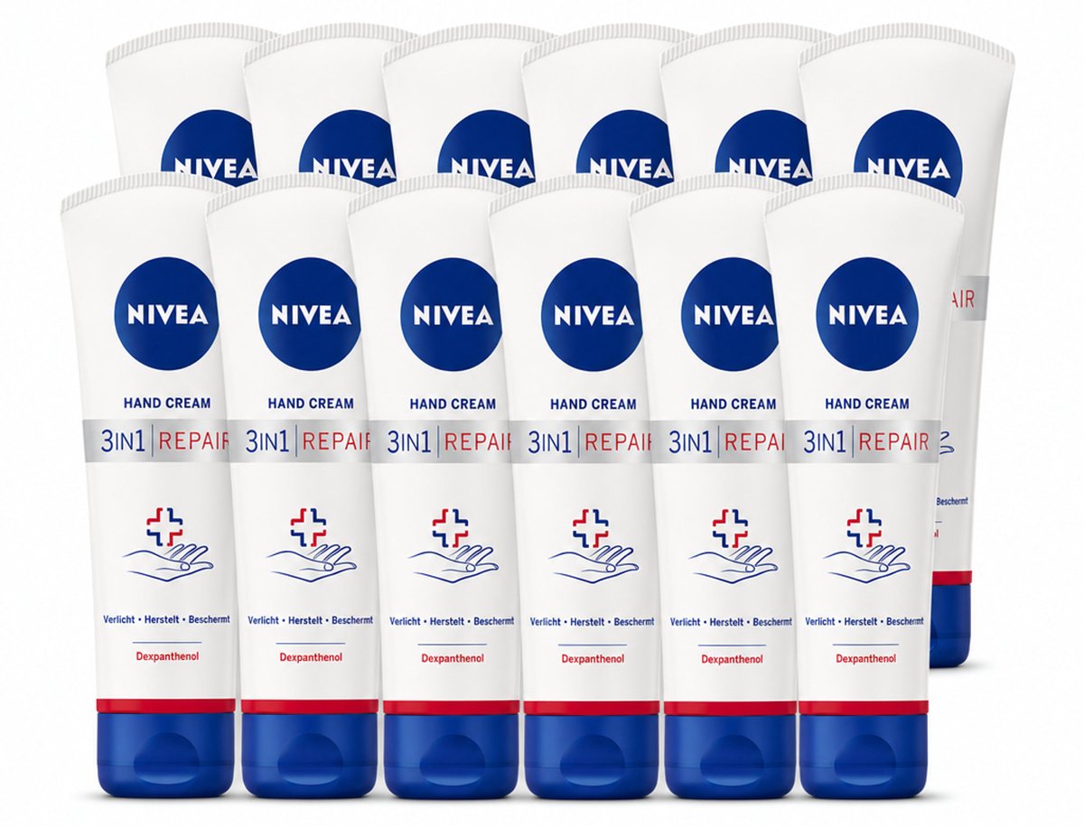 12 x NIVEA - Handcrème - 3-in-1 Herstel - Verlicht - Herstelt - Beschermt - 100 ml - Voordeelverpakking - 12 stuks