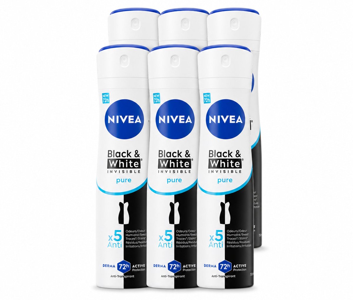 6 x NIVEA – Deodorant Spray – Black & White Invisible Pure – 150 ml - Voordeelverpakking - 6 stuks