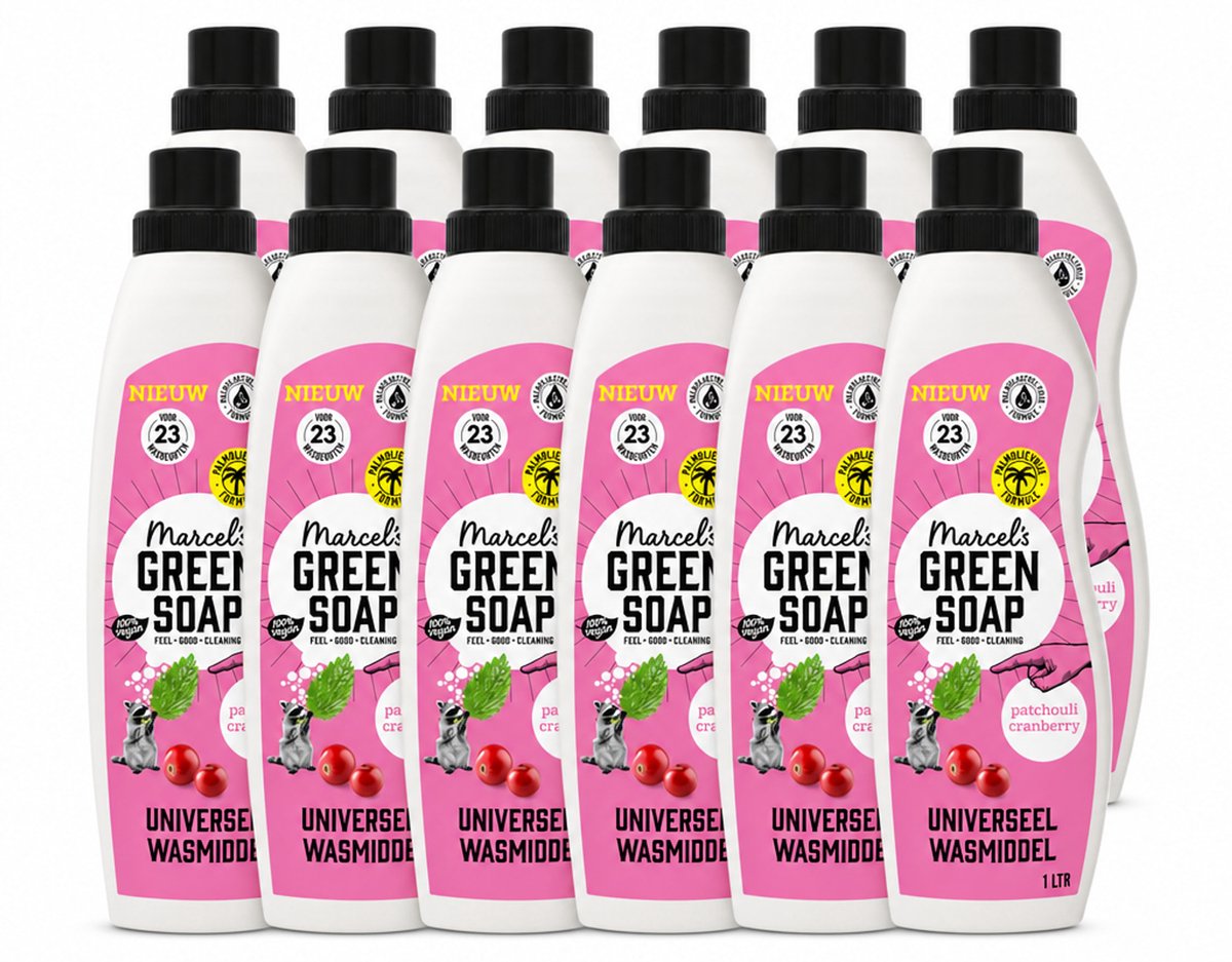 12 x Marcel's Green Soap - Vloeibaar Wasmiddel - Patchouli & Cranberry - Effectief & natuurlijk - 23 Wasbeurten - 1 liter - Voordeelverpakking - 12 stuks