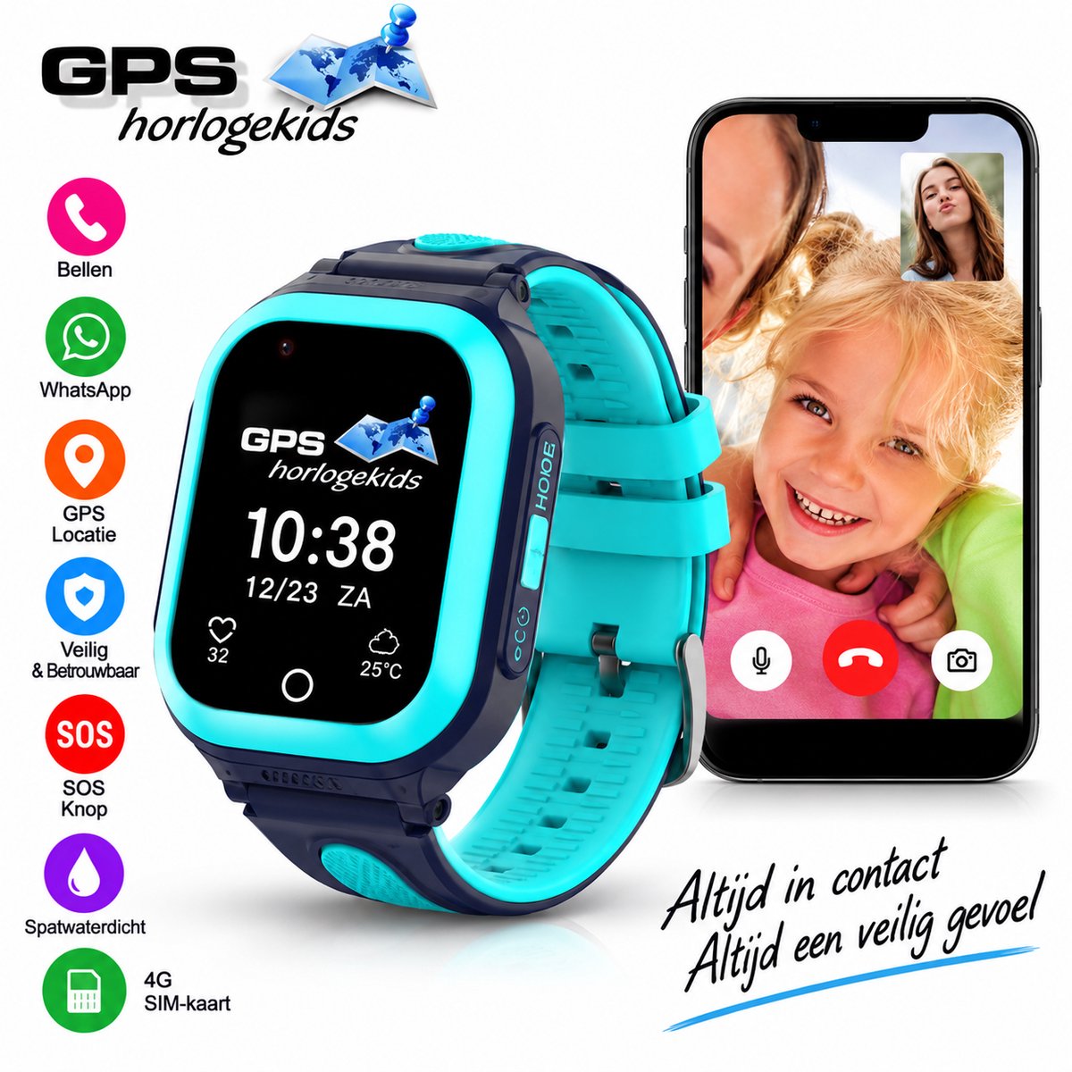 Bol.com GPSHorlogeKids© - GPS horloge kind - smartwatch kinderen - WhatsApp - 4G videobellen - spatwaterdicht - SOS alarm - incl... aanbieding