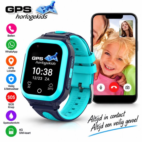 GPSHorlogeKids© - GPS horloge kind - smartwatch kinderen - WhatsApp - 4G videobellen - spatwaterdicht - SOS alarm - incl. SIM - OMNI Blauw