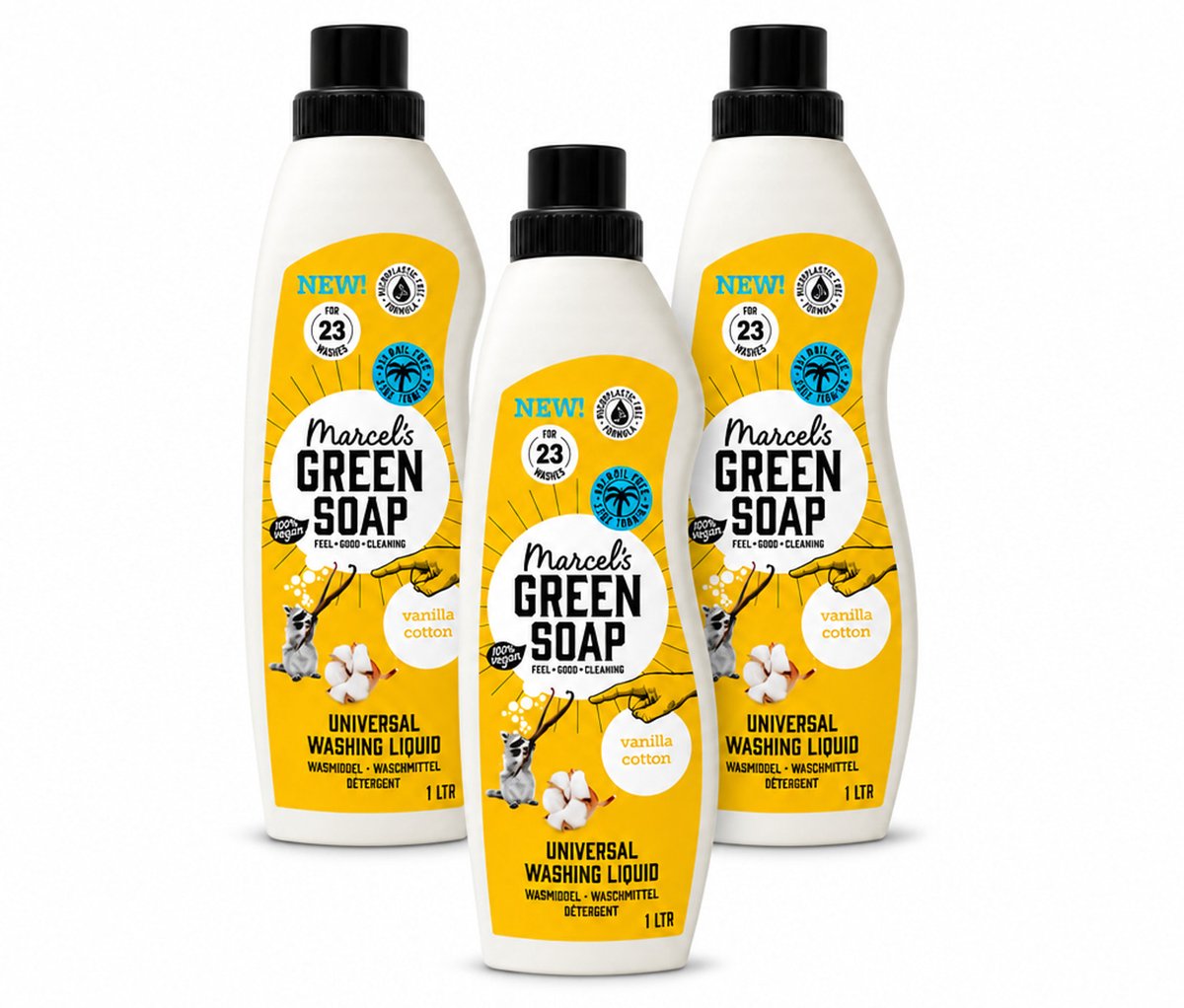 3 x Marcel's Green Soap - Vloeibaar Wasmiddel - Katoen & Vanille - Effectief & natuurlijk - 23 Wasbeurten - 1 Liter - Bulkverpakking - 3 stuks
