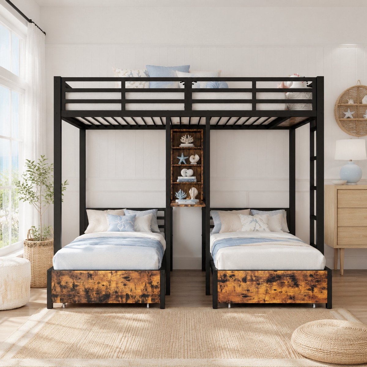 COVREO Stapelbed met 2 lades en opbergruimte – 226x206x180 cm – Bed met uitvalbeveiliging en ladder – voor kinderen – Zwart - zonder matras