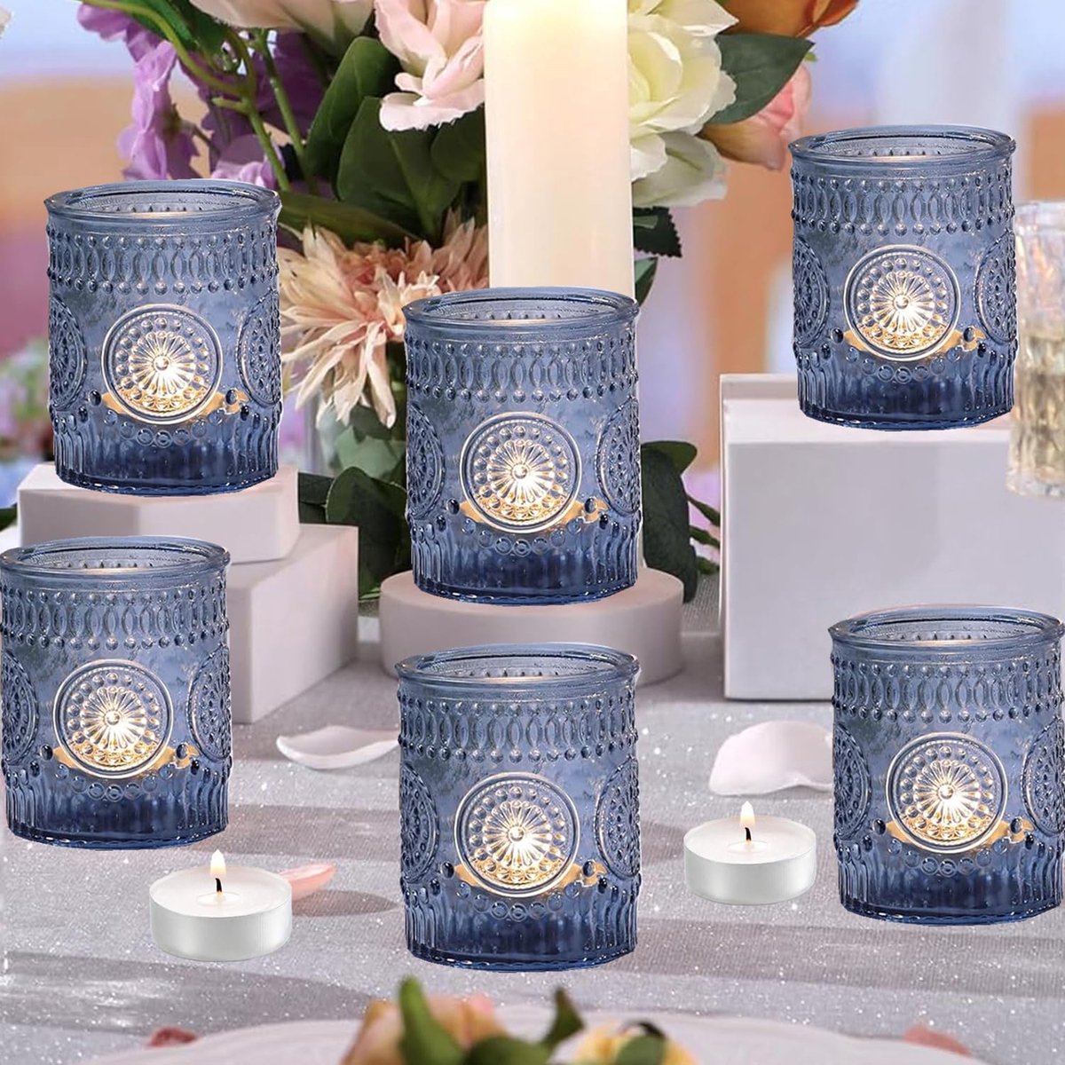 Kunstzonnebloemen - Set van 6 - Vintage - Met LED - Blauw