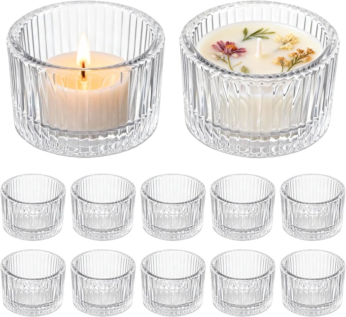 Kandelaar - Set van 12 - 5 x 3,5 cm - Glas - Vintage - Met LED - Transparant