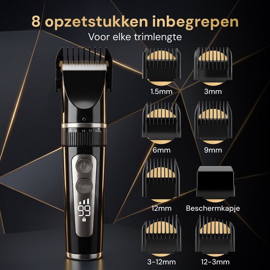Zwarte tondeuse met instelbare lengte van 0.8-2.0mm, naast 8 opzetstukken en een beschermkap.