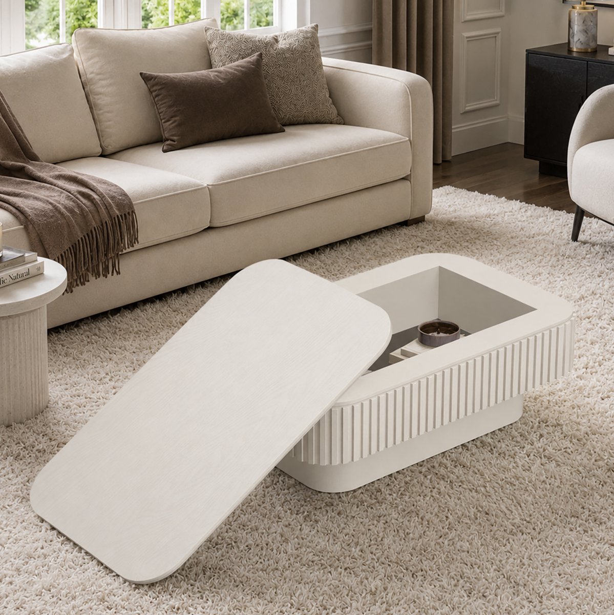 STILVORA Salontafel - Fluted Ontwerp Met Verborgen Opbergruimte - Voor Woonkamer En Kantoor - MDF Met Fineer - 98x60x35 Cm - Crème