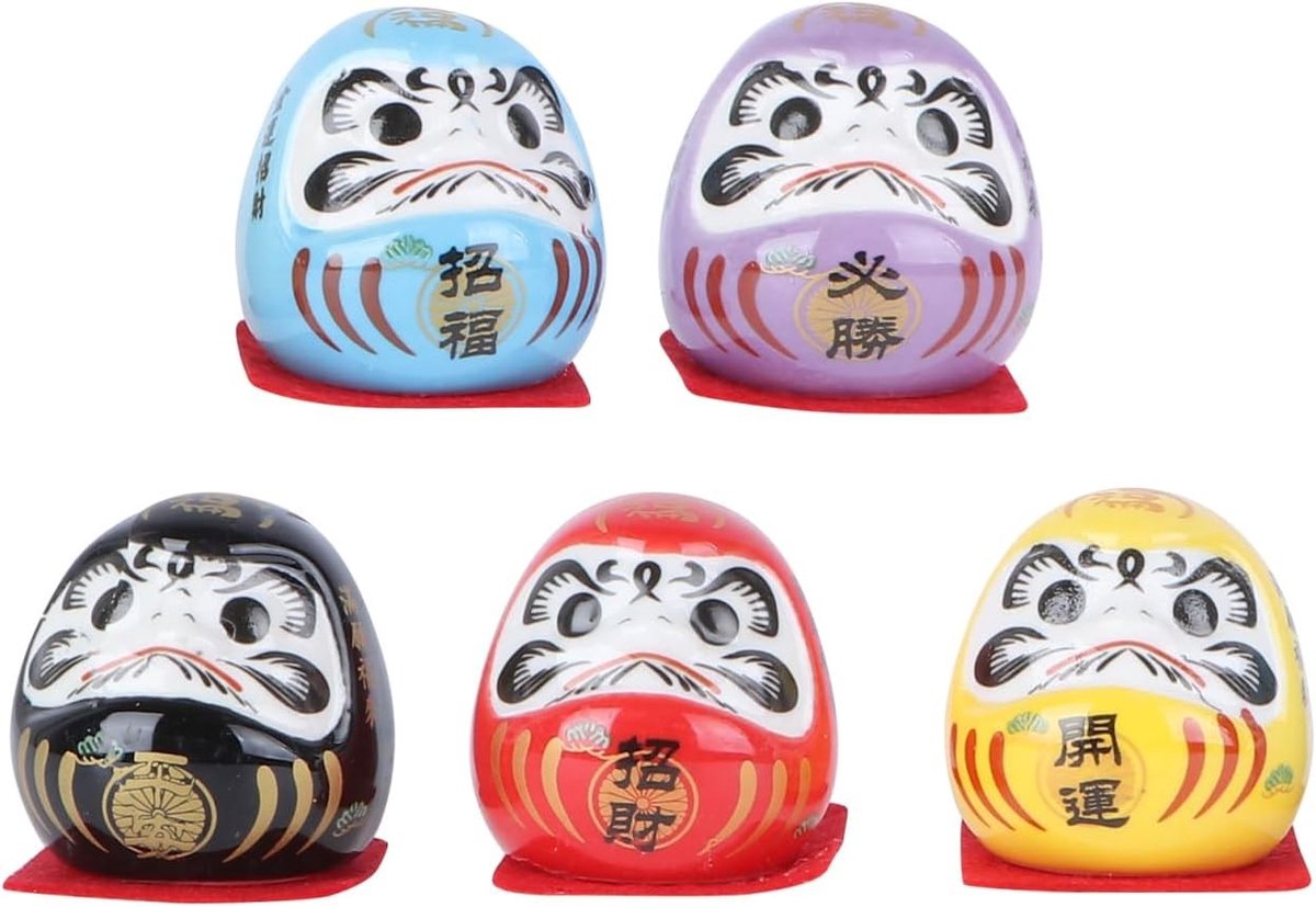 Dharma Dashboard met Japanse Gelukssymbolen, 5-delige Keramische Feng Shui Decoratie voor Thuis en Kantoor, Art Figurines voor Nieuwjaarsversiering