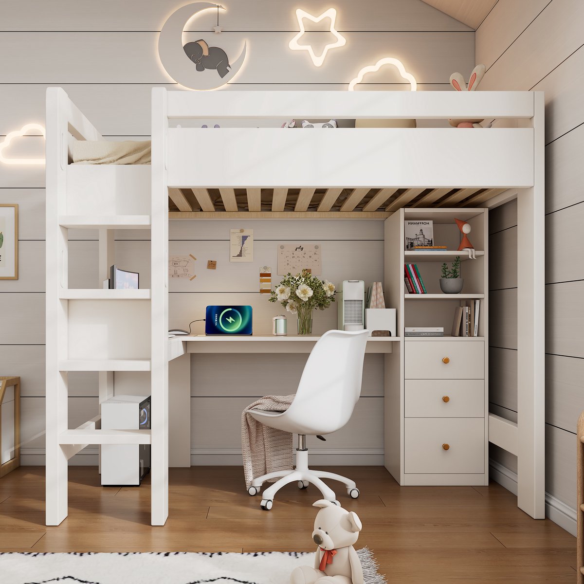 MUVANO Hoogslaper met L-vormig bureau - Wit eenpersoonsbed 90x200 - Kinderbed met bureau - 90x200 cm - Met USB en lades - Slaapkamer Wit