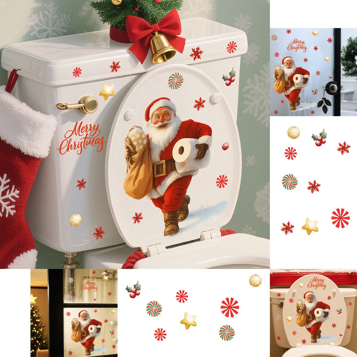 KZQ Kerst Muurstickers - Kerstman & WC Sticker - Kerstdecoraties - Voor Badkamer Woonkamer Slaapkamer - Rood/Wit