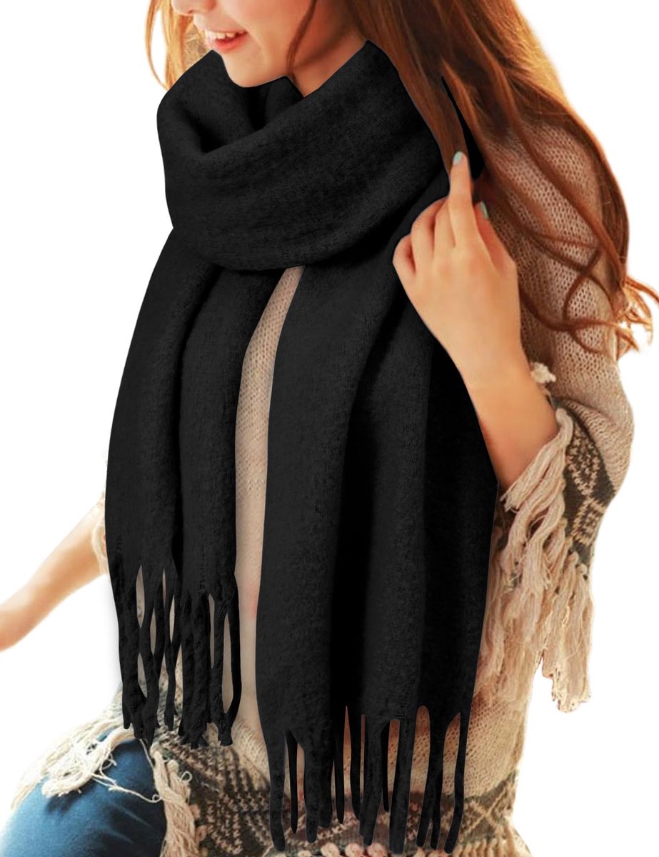 Sjaal Dames - Dikke Zachte Wintersjaal - 230×40 cm - Lange Warme Sjaal voor Dames - Herfst Winter Sjaal - Sjaaltjes Dames - Zwart