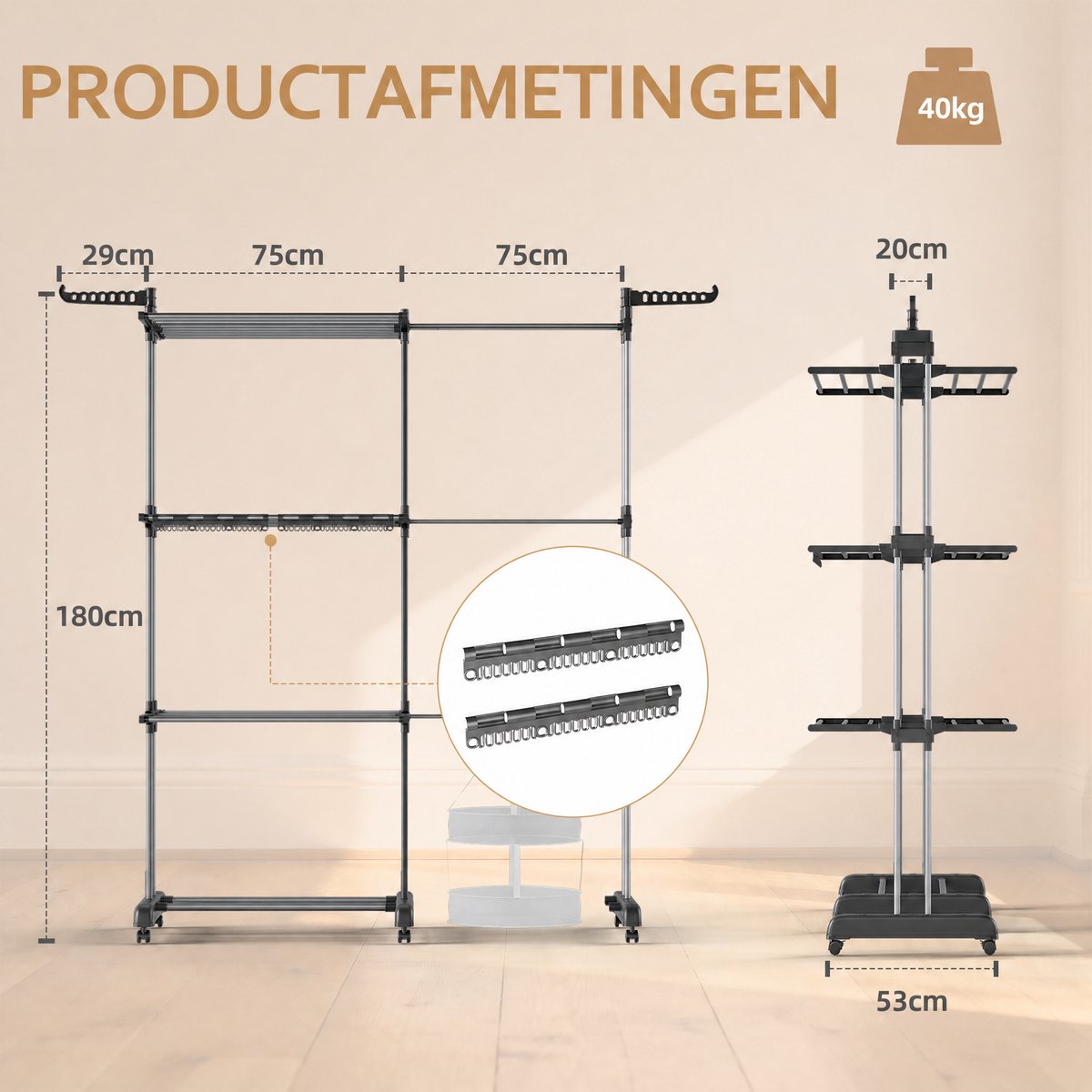 Arvioo - Uitschuifbaar droogrek - 3‑lagen - opwisselbaar - met wielen - grijs