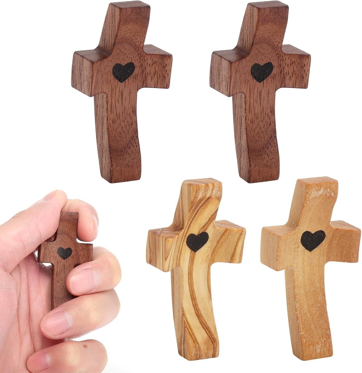 Set van 4 Houten Kruisen met Hartvorm - Handgemaakt, Stressverlichting, Gebed en Doopdecoratie
