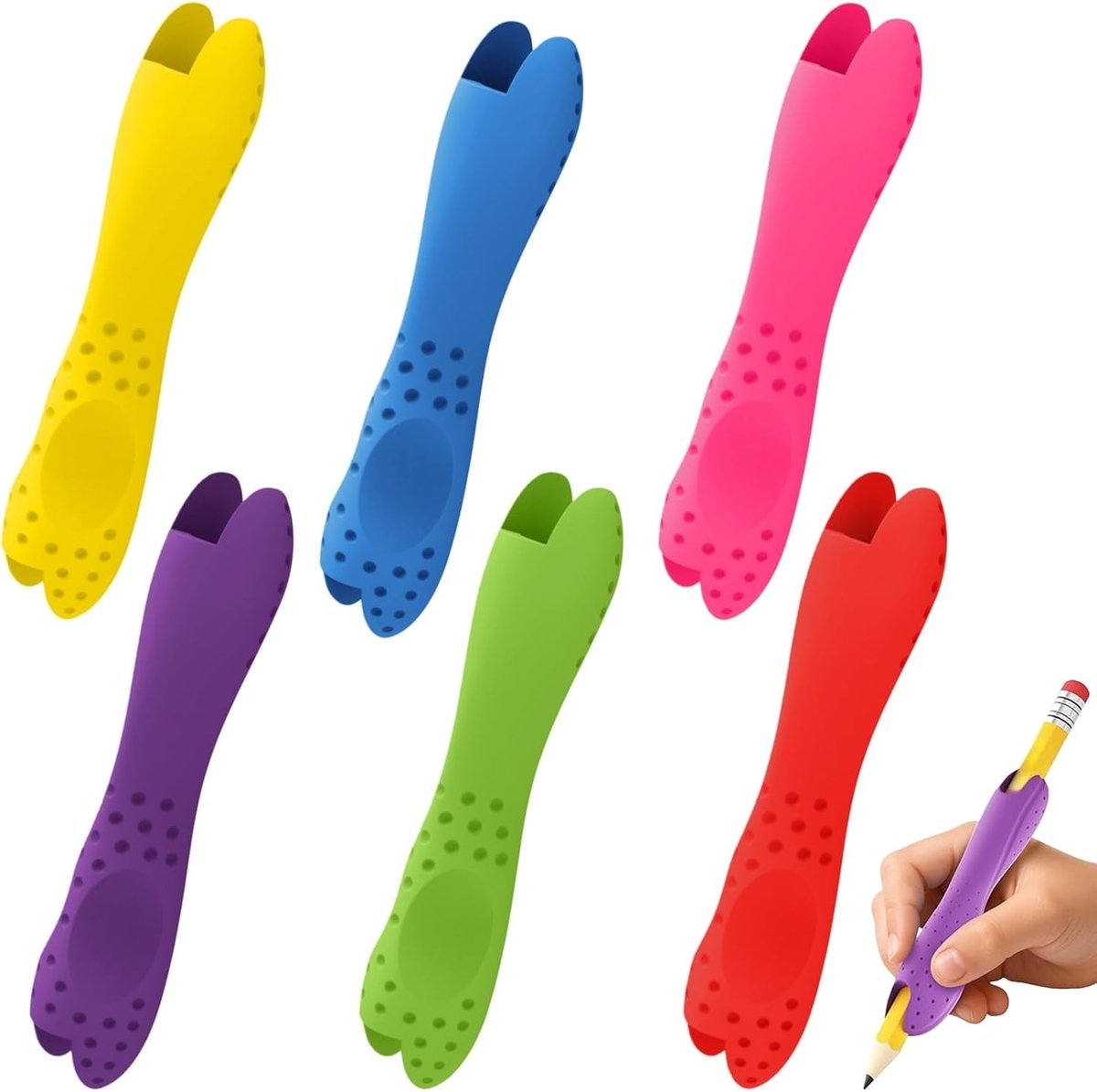 Ergonomische siliconen pennenhouder voor kinderen en volwassenen met antislip structuur en comfortabele grip.