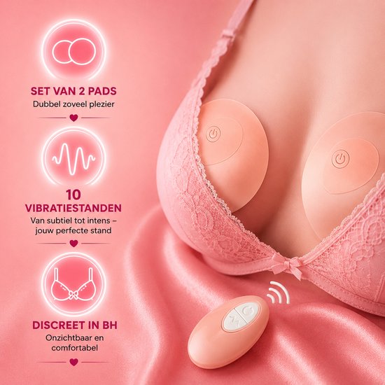 Set van 2 roze tepelvibrator pads, discreet in een roze kanten bh gedragen, met afstandsbediening.