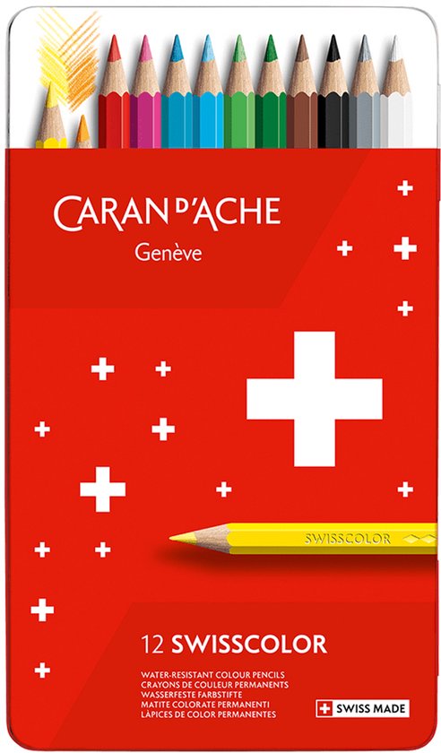 Doos met 12 Caran d'Ache Swisscolor potloden, rood met Zwitsers kruis. Bovenkant toont de potloden in diverse kleuren.