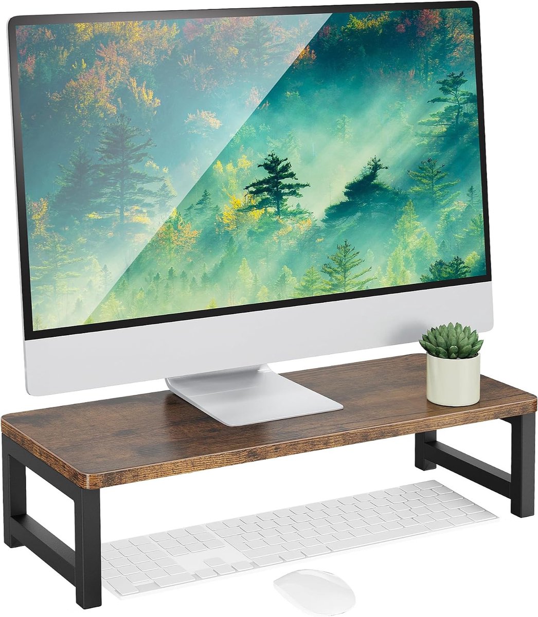 Monitorverhoger – Monitorstandaard voor Bureau – Met Opbergruimte voor Toetsenbord – MDF & Metaal – 55 x 23 x 14 cm – Donkerbruin
