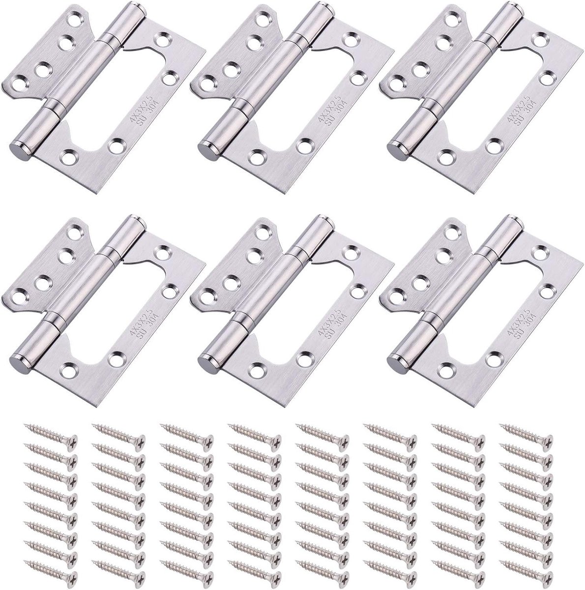 304 RVS Scharnieren - 6 Stuks Scharnieren met 64 Stuks Schroeven voor Deuren, Kasten en Meubels - 10,5 x 7 cm Zilver
