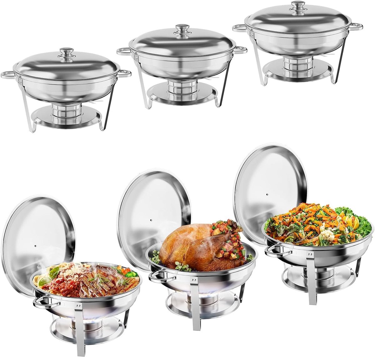 Chafing Dish Set van 6 - 5 Liter Ronde RVS Buffet Warmhouders - Complete Warmhoudschaal Set voor Catering, Bruiloft, Feest & Horeca - RVS Chauffe-Plat met Brandpasta Houder