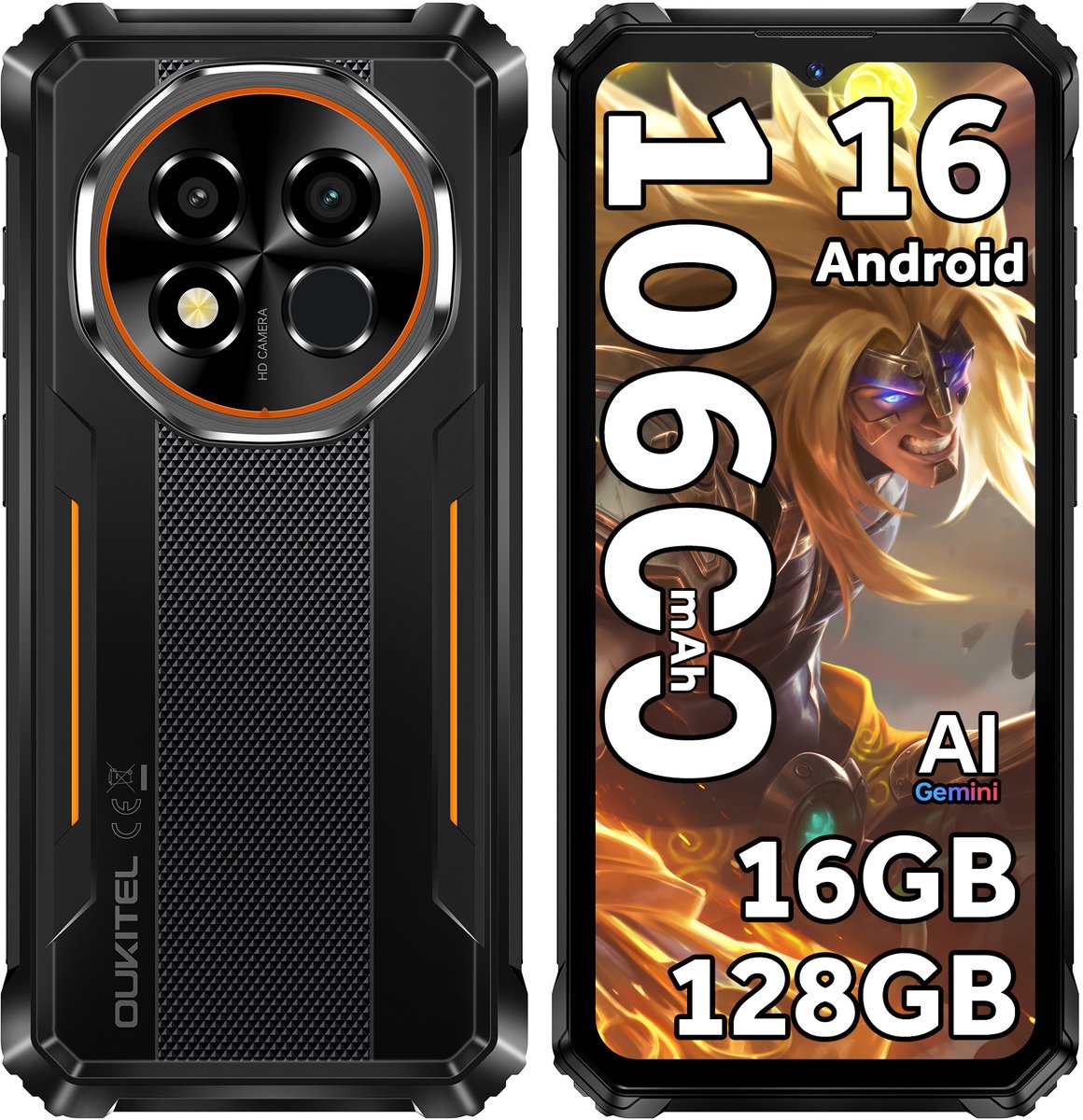 OUKITEL G6 Outdoor Smartphone 16GB RAM-128GB ROM-10600mAh batterij-6.52 inch HD-Android16-4G