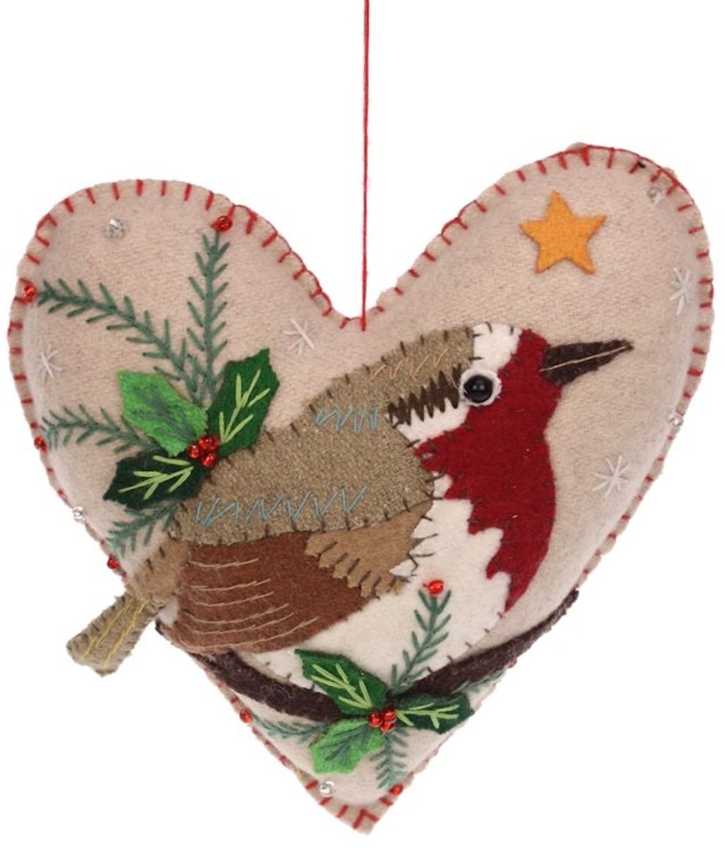 Ornament Roodborstje op hart, vilt 13x5x14cm