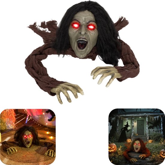 Kruipende zombie met enge gezichtsuitdrukking en gloeiende rode ogen, uit de grond komend met verwarde bruine kleding.